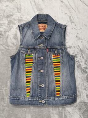 Levi's Custom Denim Vest Size Small Altered Rainbow Striped Panel